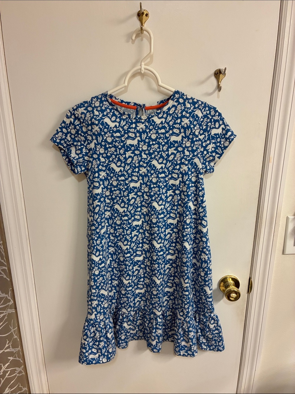Mini Boden Blue and White Floral Animal Print Short Sleeve Kids Dress Sz 11-12